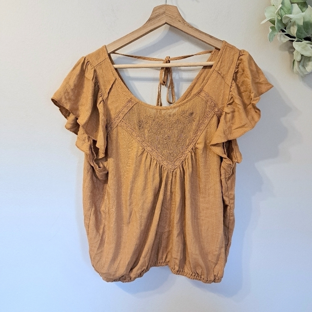 LOVE on a Hanger Burnt Orange Lace Floral Embroidered Short Sleeve Top